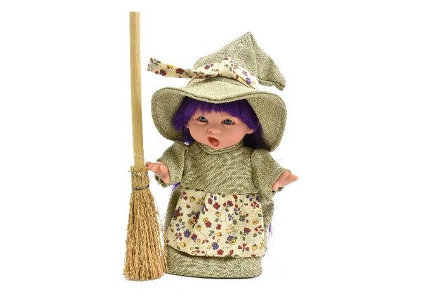 Lamagik S.L. Пупс-мини Ведьмочка с фиолетовыми волосами в бежевом платье и шляпе 18 см