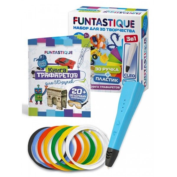 Funtastique Набор для 3D творчества 3 в 1: ручка Cleo, книга трафаретов, PLA-пластик 7 цветов