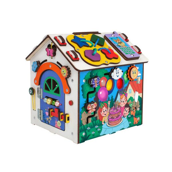 Деревянная игрушка Iwoodplay Бизиборд Домик со светом Happy Birthday 21x22x26 см