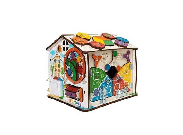 Деревянная игрушка Evotoys Бизиборд развивающий дом, в котором живут Смайлики 25х25 см