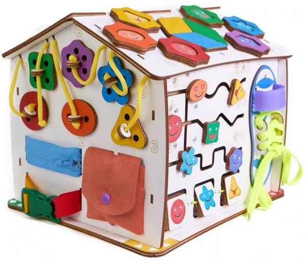Деревянная игрушка Evotoys Бизиборд домик Знайка Смайлики дома со светом 29х25х25 см