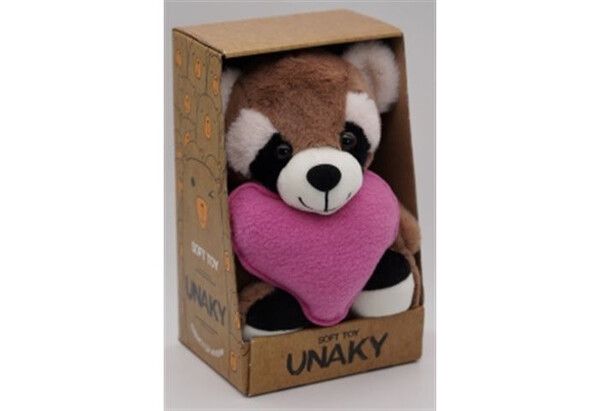 Мягкая игрушка Unaky Soft Toy Енот Крош с розовым флисовым сердцем с шариками для мелкой моторики 26 см