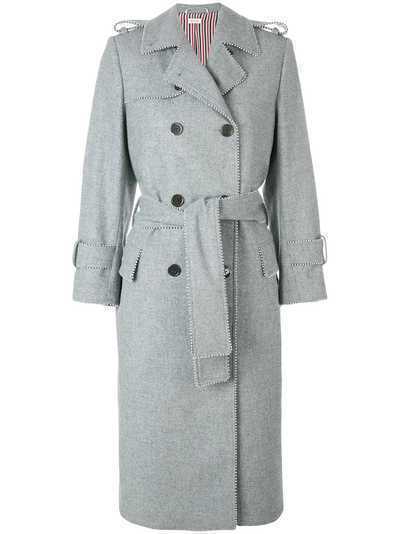 Thom Browne Pearl Trim Flannel Trench Coat