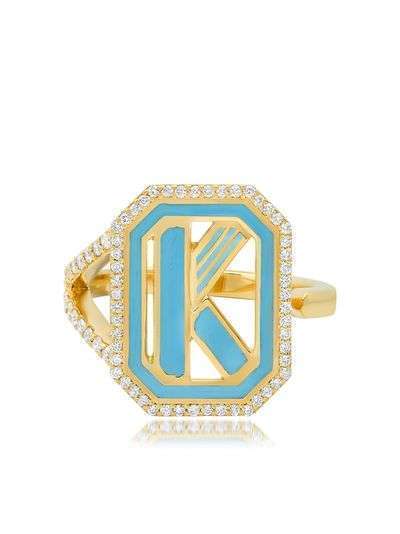 Colette кольцо Gatsby с инициалом K из желтого золота с бриллиантами и бирюзовой эмалью