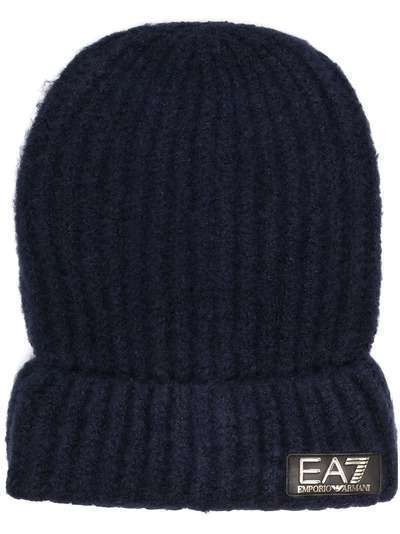Ea7 Emporio Armani шапка бини в рубчик с нашивкой-логотипом