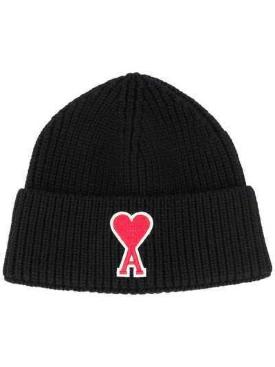 AMI Paris шапка бини в рубчик с нашивкой-логотипом
