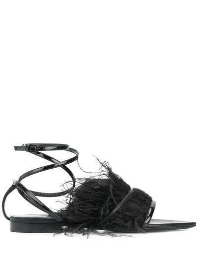 Saint Laurent сандалии с завязкой на щиколотке и отделкой перьями