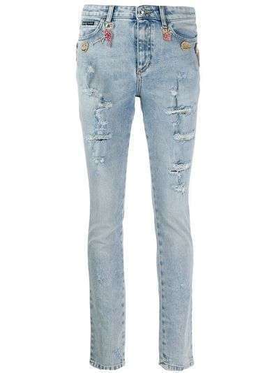 Philipp Plein декорированные джинсы скинни с эффектом потертости