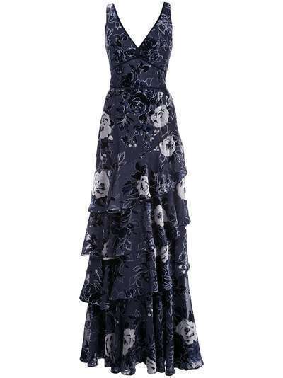 Marchesa Notte ярусное вечернее платье с цветочным принтом