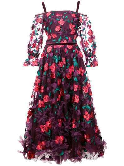 Marchesa Notte платье миди с объемным цветочным декором