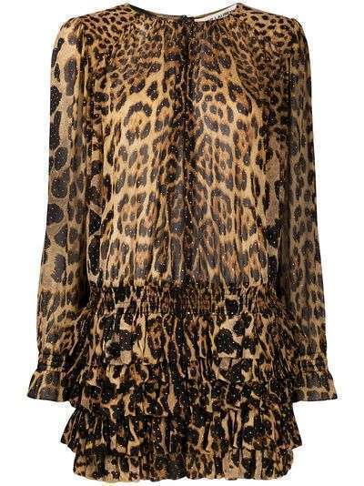 Saint Laurent платье с оборками и леопардовым принтом