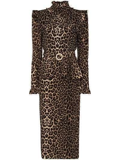 Alessandra Rich платье миди с леопардовым принтом и объемными плечами