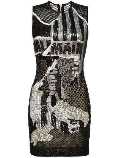 Balmain Newsprint logo sequin dress