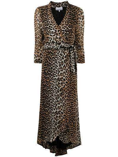 GANNI платье с леопардовым принтом и V-образным вырезом