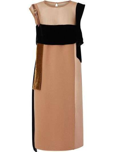 Burberry Strap Detail Panelled Silk and Velvet Dress