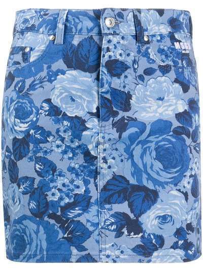 MSGM джинсовая юбка с цветочным принтом