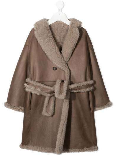 Brunello Cucinelli Kids пальто с поясом и оторочкой из овчины