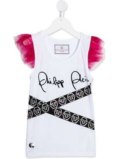 Philipp Plein Junior футболка с принтом PP и рукавами из тюля