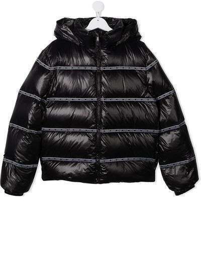 Young Versace feather-down jacket with logo tape detail
