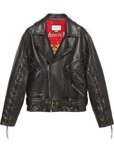 Gucci кожаная куртка с принтом грибов и логотипа 546721XNAAK
