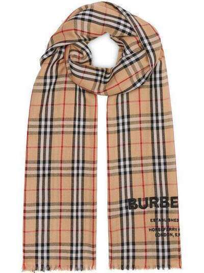 Burberry легкий кашемировый шарф в клетку Vintage Check с вышивкой 8009293