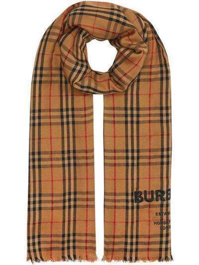 Burberry легкий кашемировый шарф в клетку Vintage Check с вышивкой 8009159