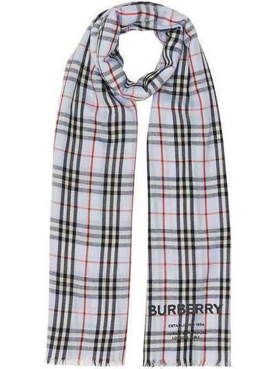 Burberry легкий кашемировый шарф в клетку Vintage Check с вышивкой 8011094