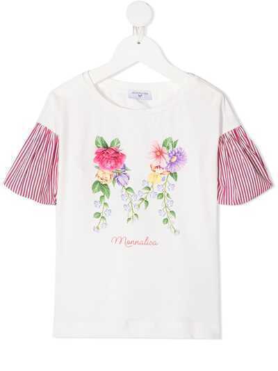 Monnalisa футболка с полосатыми рукавами и цветочным принтом