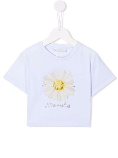 Monnalisa футболка с цветочным принтом и стразами