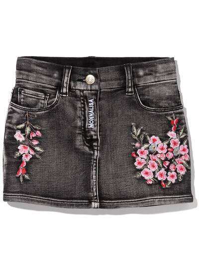 Monnalisa джинсовая юбка мини с цветочной вышивкой