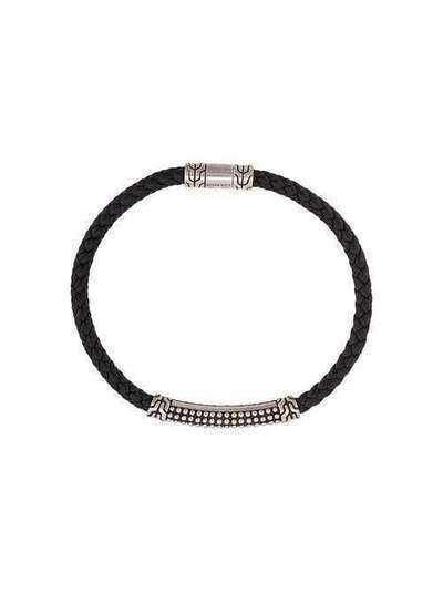 John Hardy Silver Classic Chain Woven Leather Bracelet with Jawan Station BM932651BL