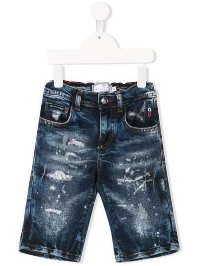 Philipp Plein Junior джинсовые шорты с эффектом потертости P20CBDT0258PDE004N