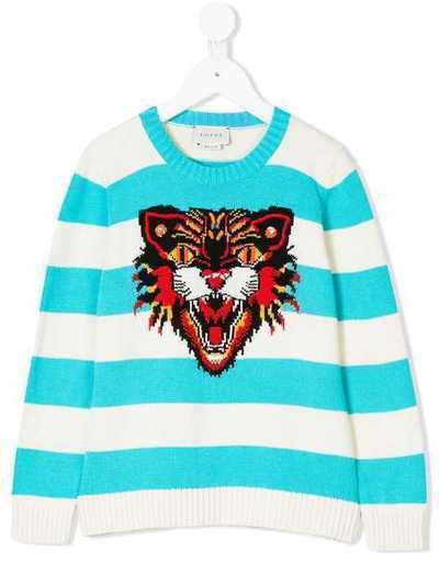 Gucci Kids полосатый свитер 'Angry Cat' вязки интарсия 497635X3I51