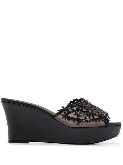 René Caovilla embellished lace wedge mules