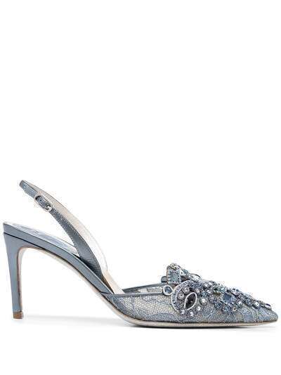 René Caovilla embellished lace slingback pumps