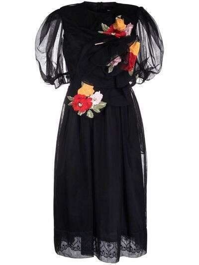 Simone Rocha платье с объемными рукавами и цветочной вышивкой