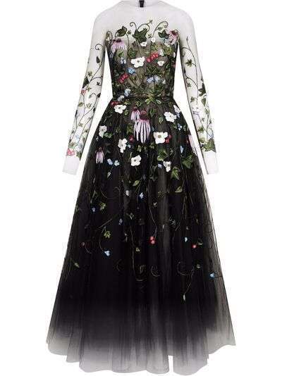 Oscar de la Renta платье миди из тюля с цветочной вышивкой