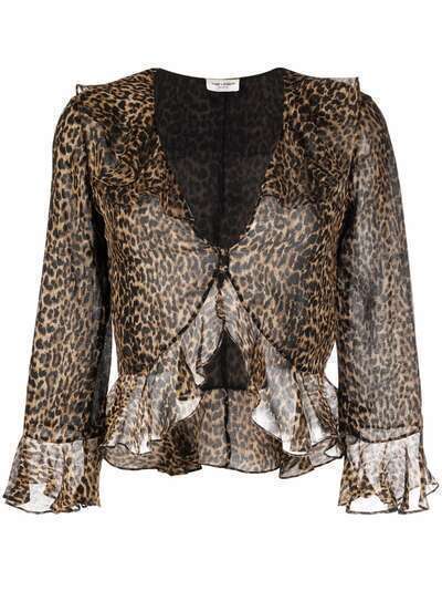 Saint Laurent блузка с оборками и леопардовым принтом