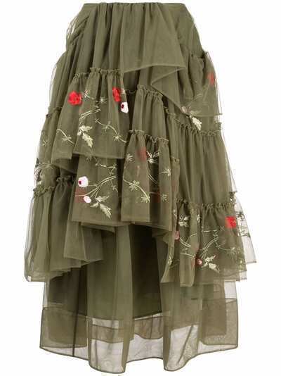 Simone Rocha ярусная юбка из тюля с цветочной вышивкой