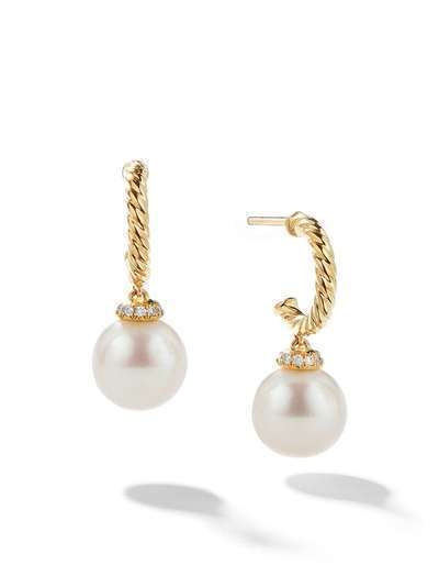David Yurman 18kt yellow gold Solari drop pearl and diamond hoop earrings