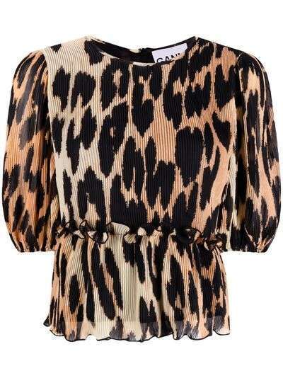 GANNI блузка с объемными рукавами и леопардовым принтом