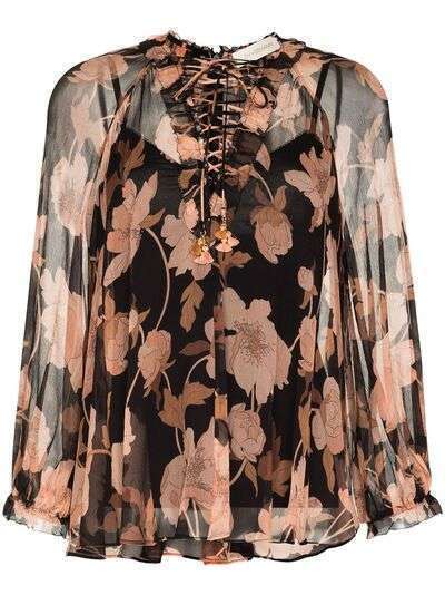 ZIMMERMANN concert lace-up ruffled neck blouse