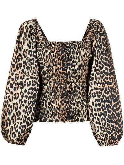 GANNI блузка с леопардовым принтом и пышными рукавами