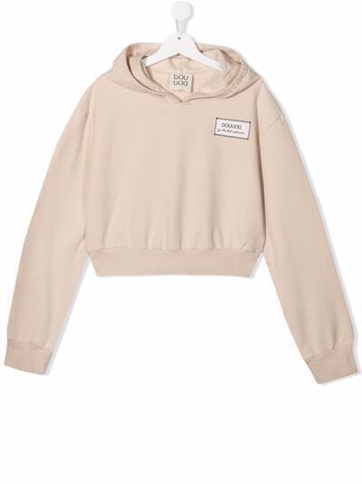 Douuod Kids logo-patch cropped cotton hoodie