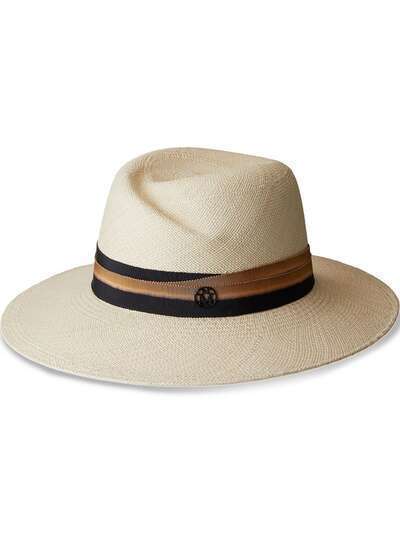 Maison Michel соломенная шляпа-федора с лентой в рубчик