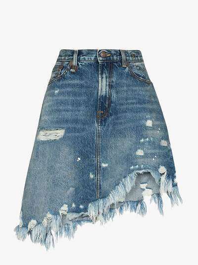 R13 джинсовая юбка мини асимметричного кроя с эффектом потертости