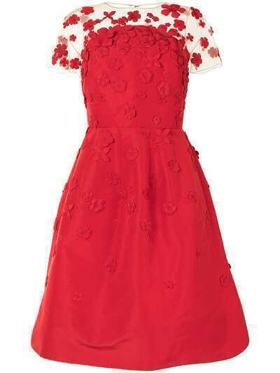 Oscar de la Renta платье миди с прозрачной вставкой и цветочной аппликацией