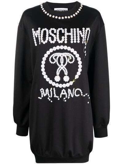 Moschino платье-толстовка с декоративным жемчугом и логотипом