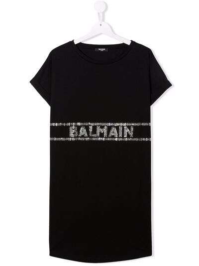Balmain Kids платье-футболка с логотипом и стразами