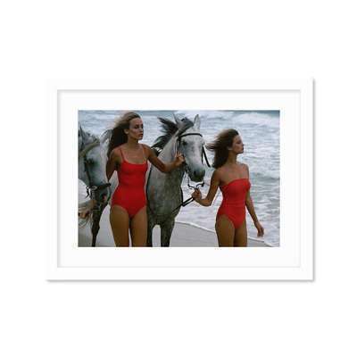 Models With Horses On A Beach Постер